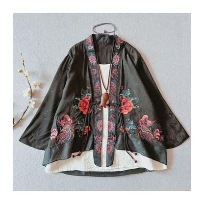 Flower Embroidered Open Front Jacket