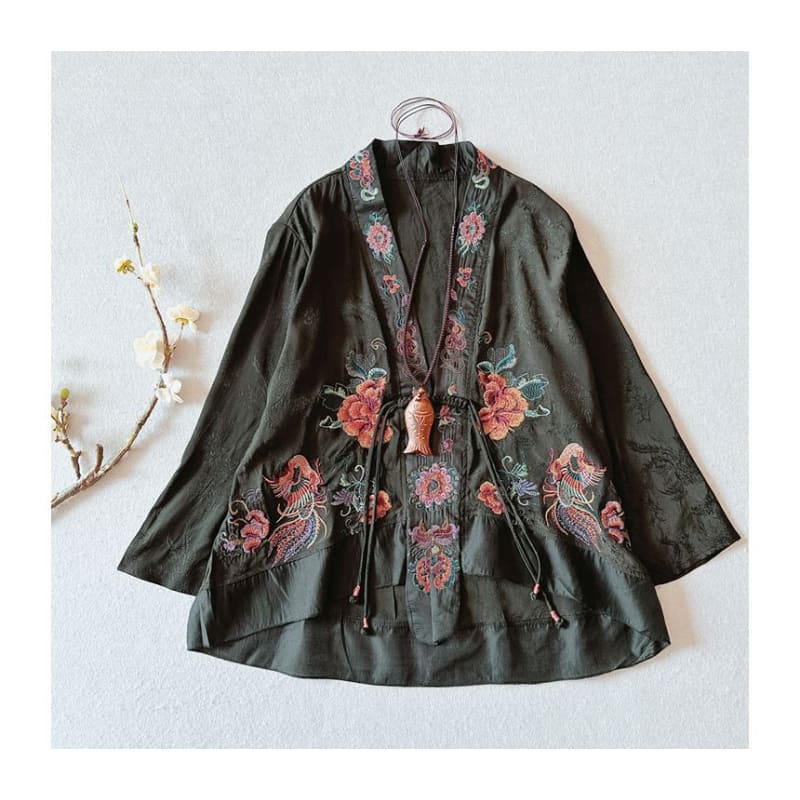 Flower Embroidered Open Front Jacket