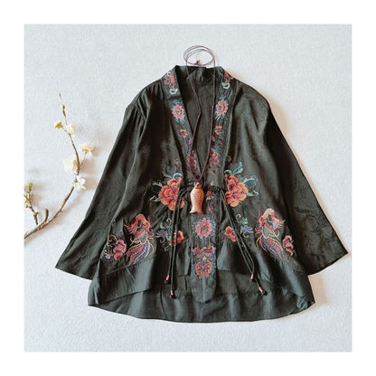 Flower Embroidered Open Front Jacket