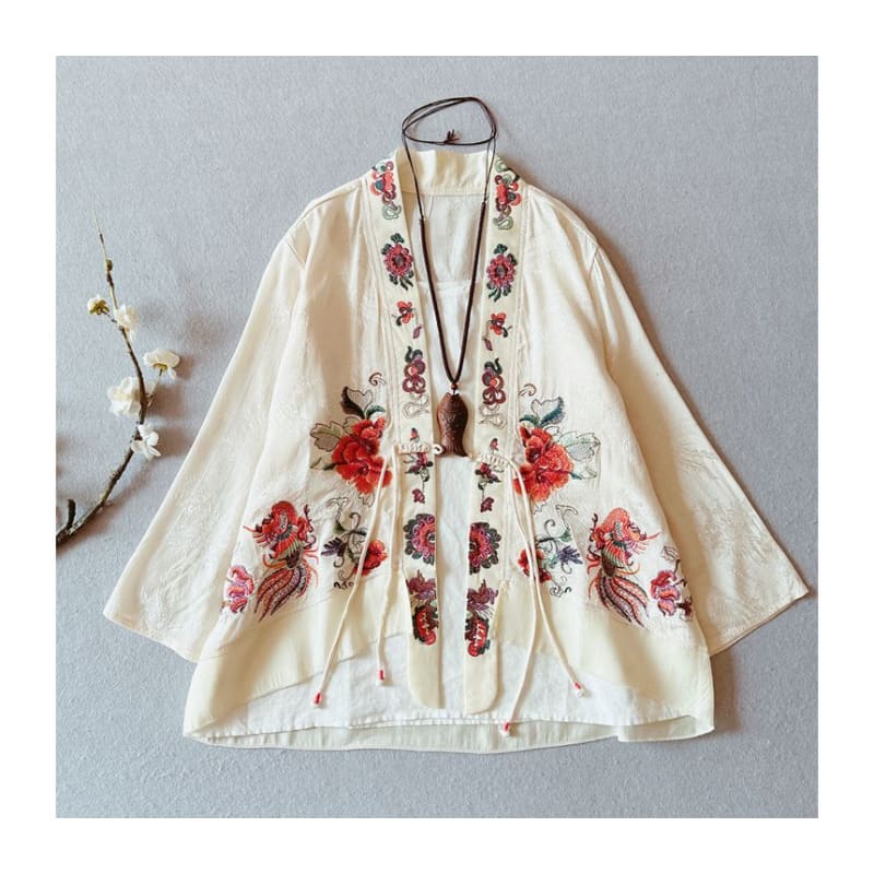 Flower Embroidered Open Front Jacket