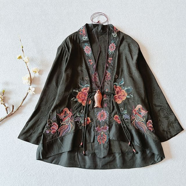 Flower Embroidered Open Front Jacket - Black / One Size