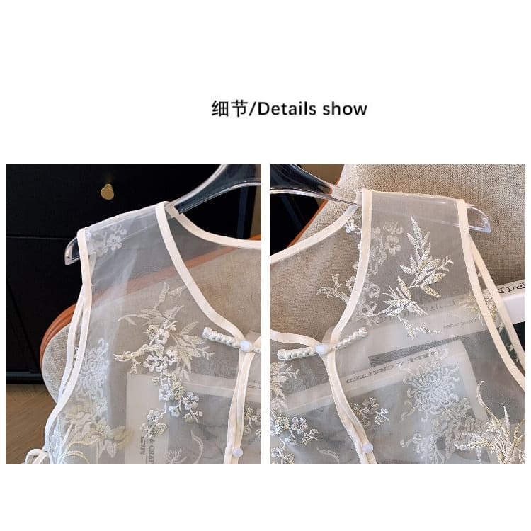 Flower Embroidered Sheer Vest - Clothing