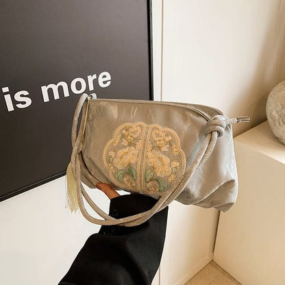 Flower Embroidered Shoulder Bag - Silver / One Size