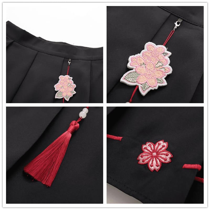 Flower Embroidery Buckle T-Shirt Skirt Set