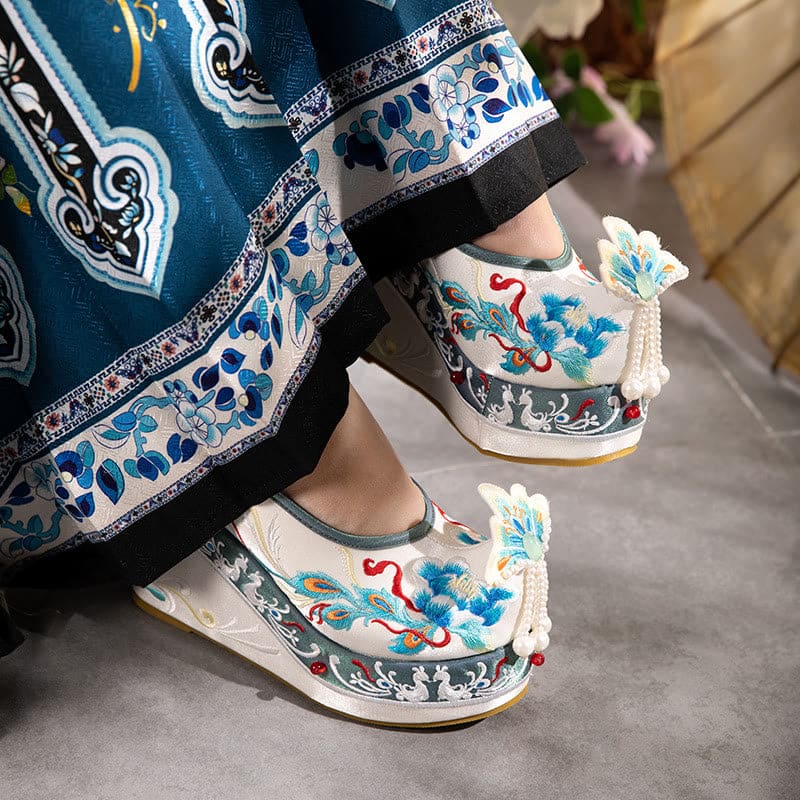 Flower Embroidery Butterfly Pearl Decor Wedge Shoes