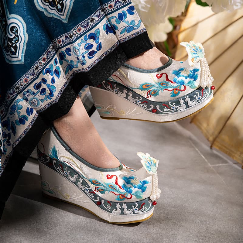 Flower Embroidery Butterfly Pearl Decor Wedge Shoes