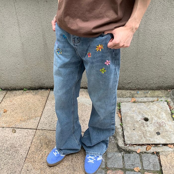 Flower Embroidery Jeans - Jeans