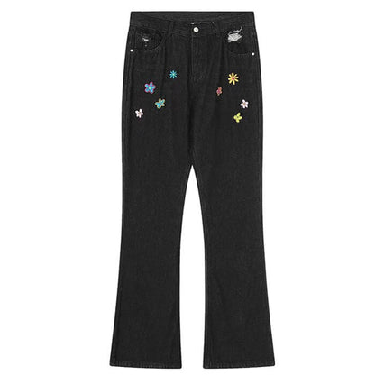 Flower Embroidery Jeans - S / Black - Jeans