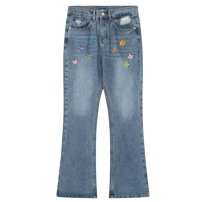 Flower Embroidery Jeans - S / Blue - Jeans