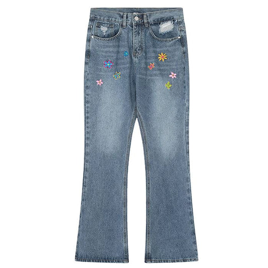 Flower Embroidery Jeans - S / Blue - Jeans