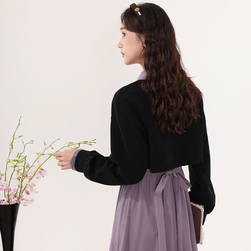 Flower Embroidery Lapel Crop Sweatshirt Purple Slip Dress