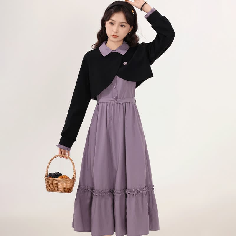 Flower Embroidery Lapel Crop Sweatshirt Purple Slip Dress