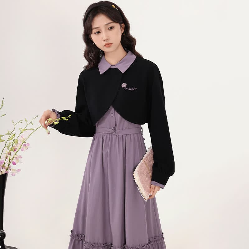 Flower Embroidery Lapel Crop Sweatshirt Purple Slip Dress