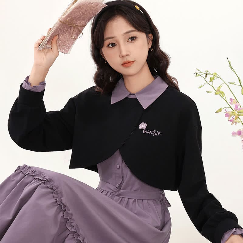 Flower Embroidery Lapel Crop Sweatshirt Purple Slip Dress