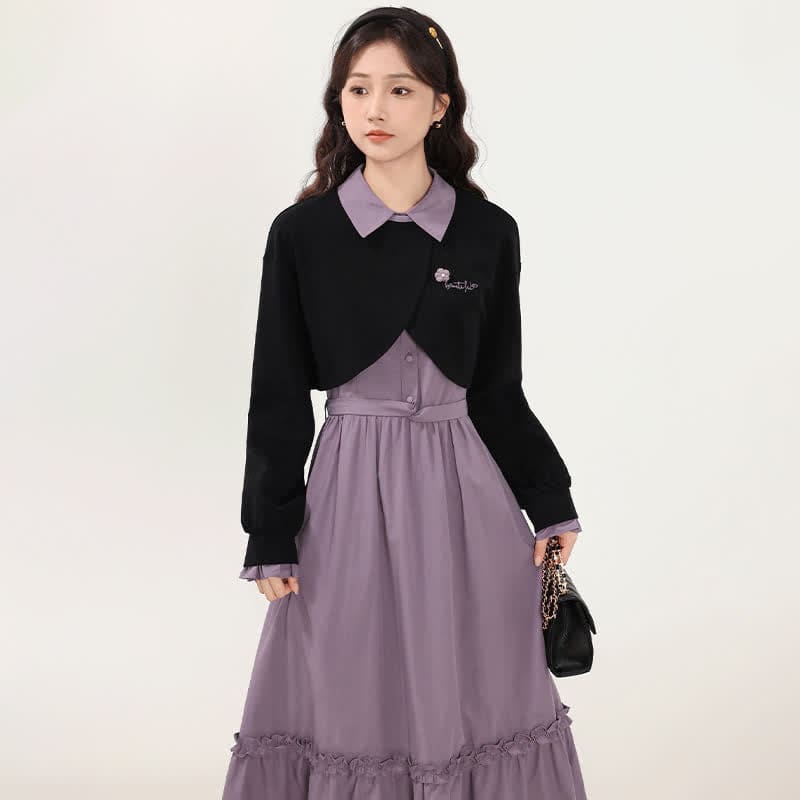 Flower Embroidery Lapel Crop Sweatshirt Purple Slip Dress