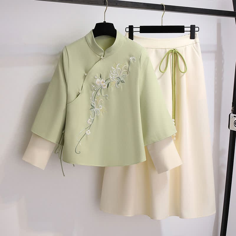 Flower Embroidery Sweatshirt Lace Up Skirt