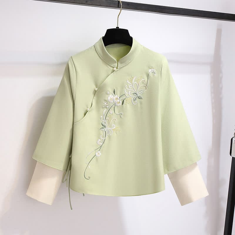 Flower Embroidery Sweatshirt Lace Up Skirt - Green Top / M