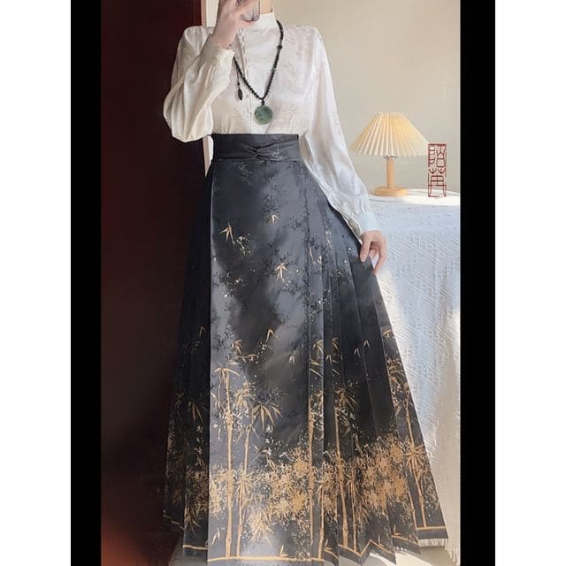 Flower Hanfu Blouse / Maxi Skirt / Set - Skirt - Black / S