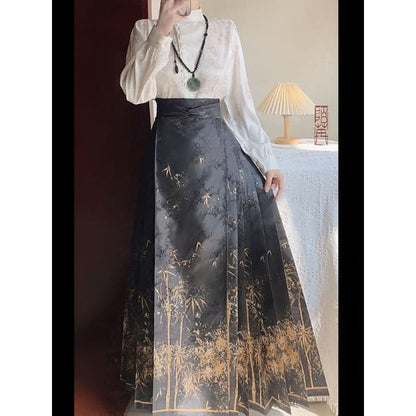 Flower Hanfu Blouse / Maxi Skirt / Set - Skirt - Black / S