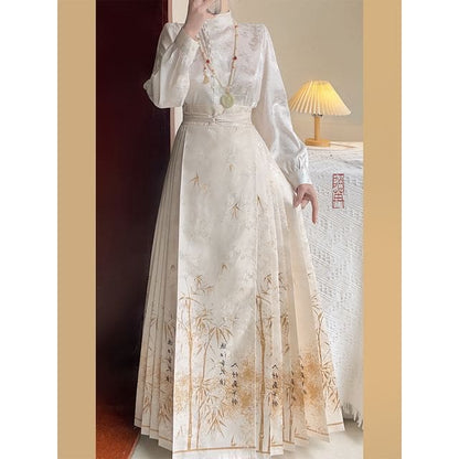 Flower Hanfu Blouse / Maxi Skirt / Set - Skirt - White / S