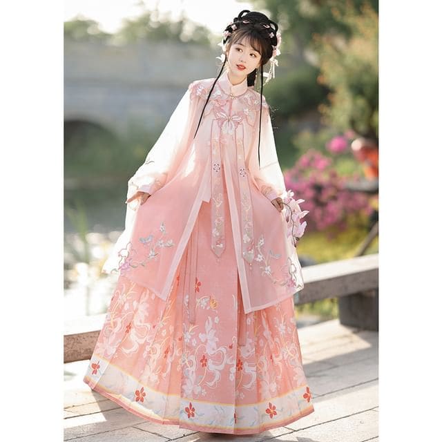 Flower Hanfu Jacket / Camisole Top / Maxi Skirt / Scarf