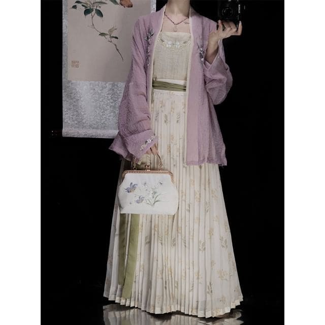 Flower Hanfu Jacket / Camisole Top / Maxi Skirt / Set - Set