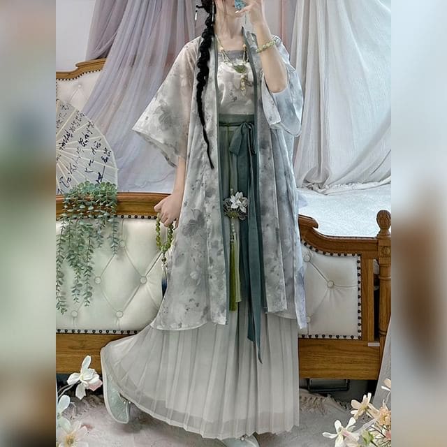 Flower Hanfu Jacket / Camisole Top / Maxi Skirt / Set - Set