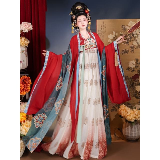 Flower Hanfu Jacket / Wrap Top / Maxi Dress / Set - Set