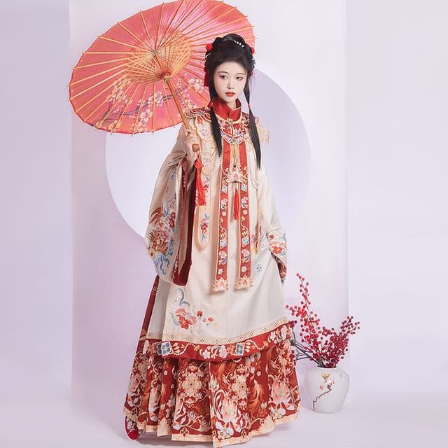 Flower Hanfu Top / Maxi Skirt / Scarf / Set - Top