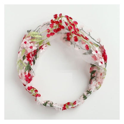 Flower Lace Face Wash Headband - 03 - White & Red / One Size