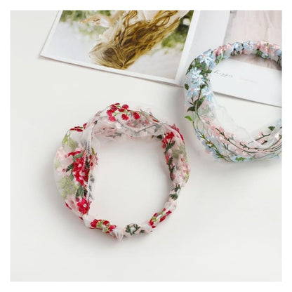 Flower Lace Face Wash Headband - 03 - White & Red / One Size