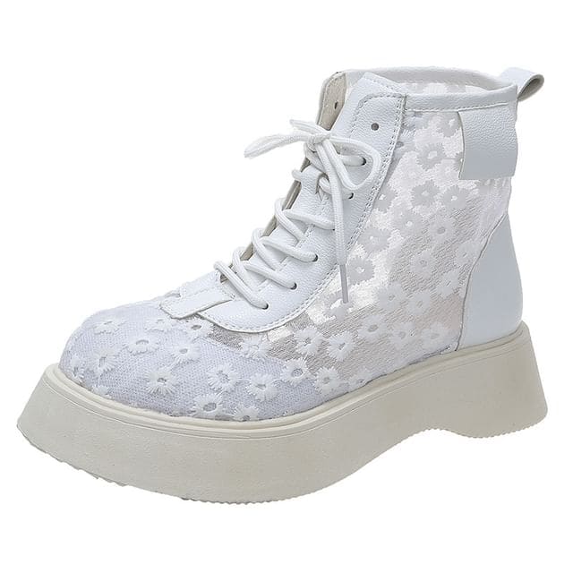 Flower Lace-Up Platform Boots - White / 35