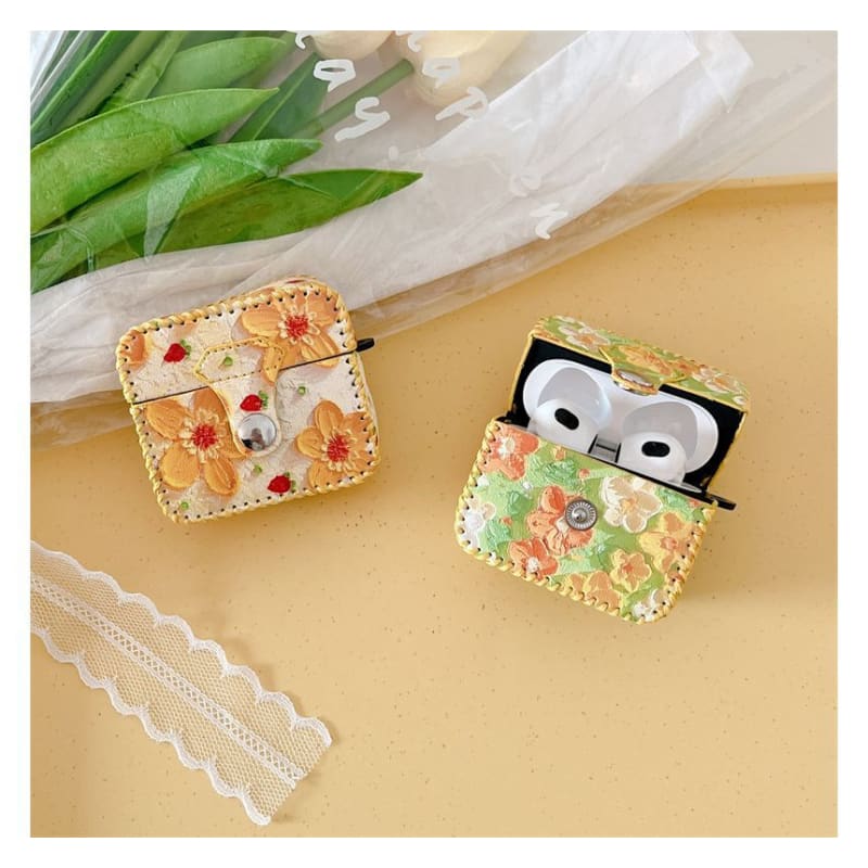 Flower Print Faux Leather AirPods Earphone Case Skin