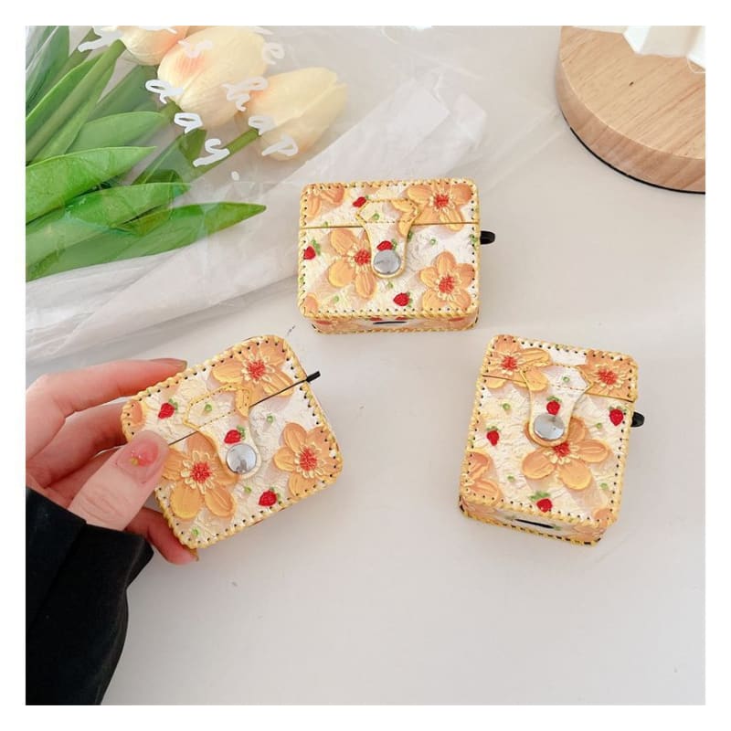 Flower Print Faux Leather AirPods Earphone Case Skin