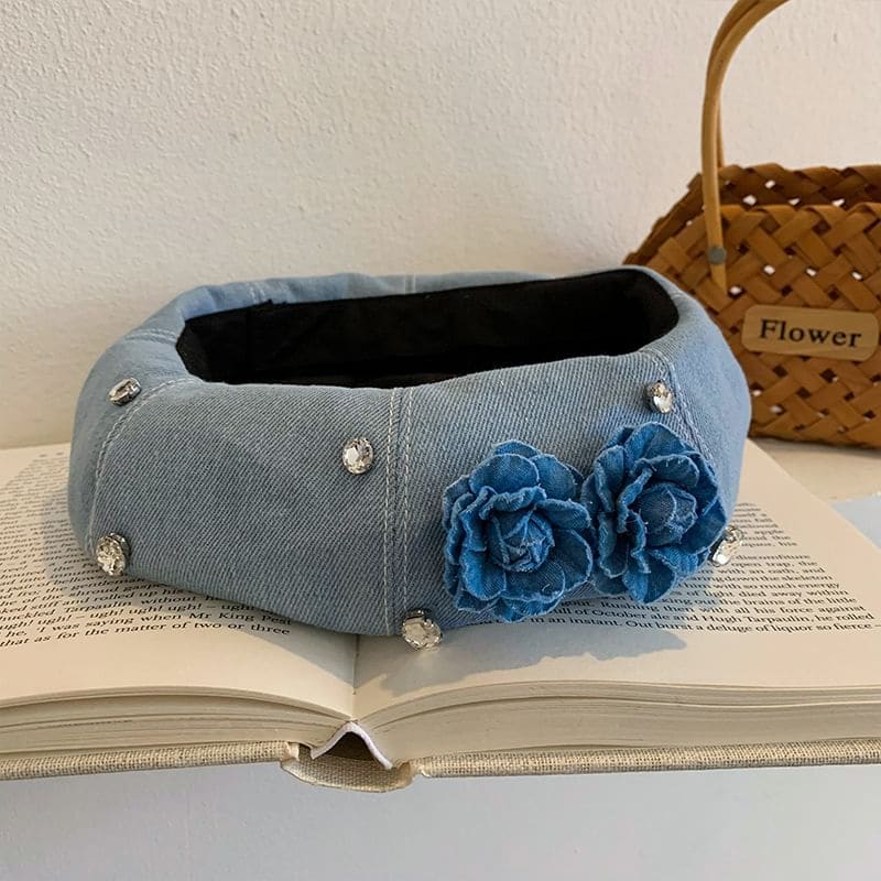 Flower Rhinestone Denim Beret