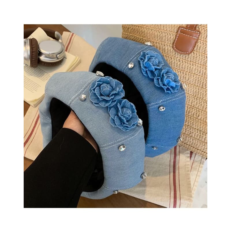 Flower Rhinestone Denim Beret