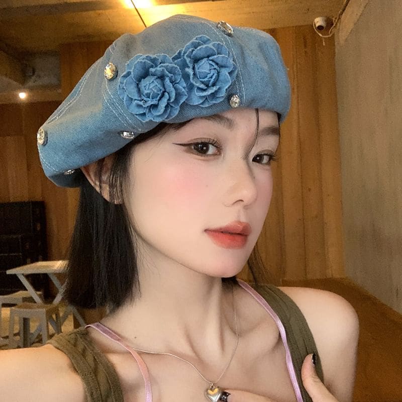 Flower Rhinestone Denim Beret