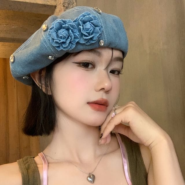 Flower Rhinestone Denim Beret