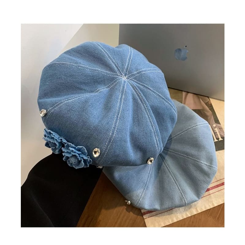 Flower Rhinestone Denim Beret