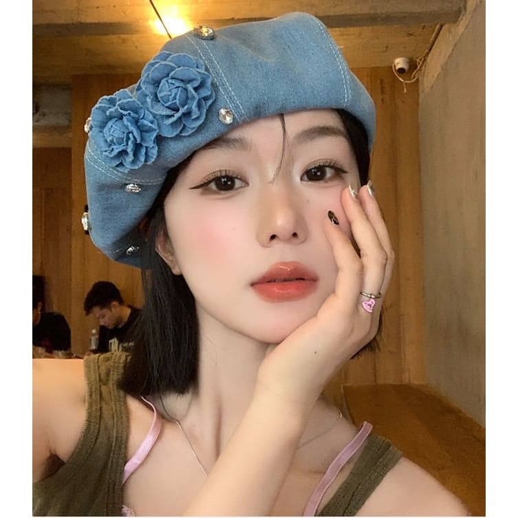 Flower Rhinestone Denim Beret