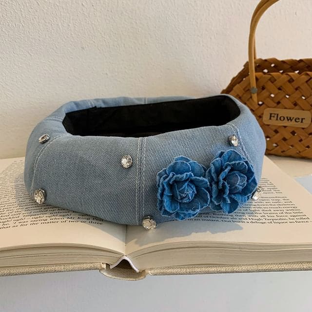 Flower Rhinestone Denim Beret - Light Blue / One Size