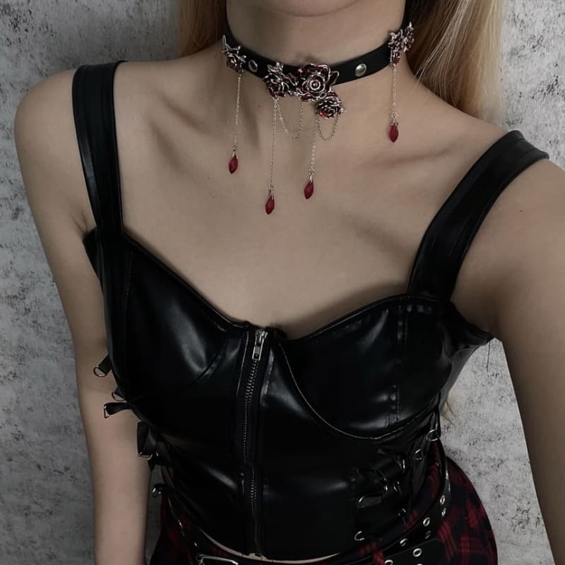 Flower Rhinestone Faux Leather Choker