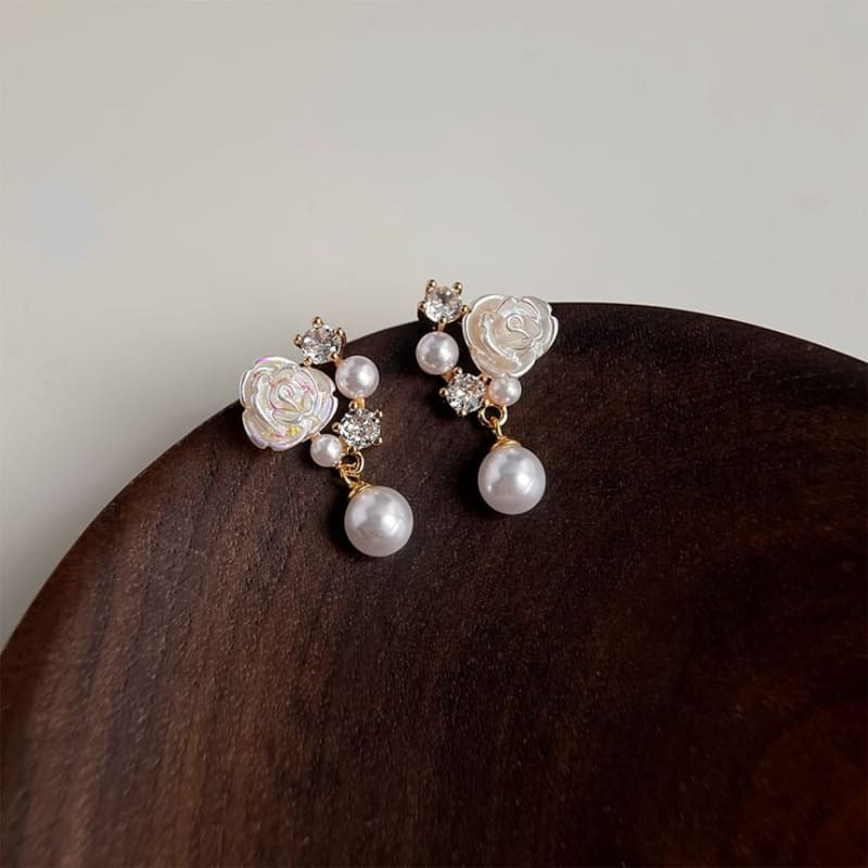 Flower Rhinestone Faux Pearl Drop Earring