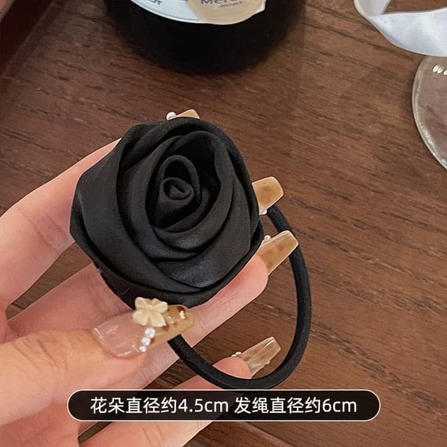 Flower Satin Hair Tie - Black / One Size