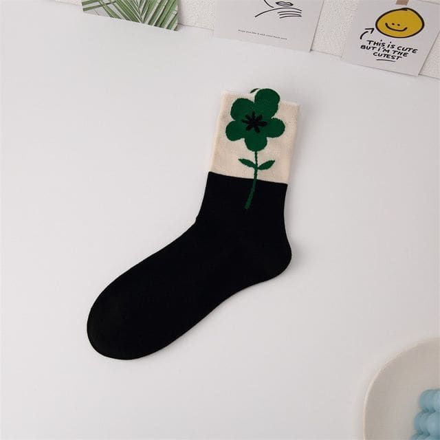 Flower Socks / Set - 1 Pair - Black / One Size