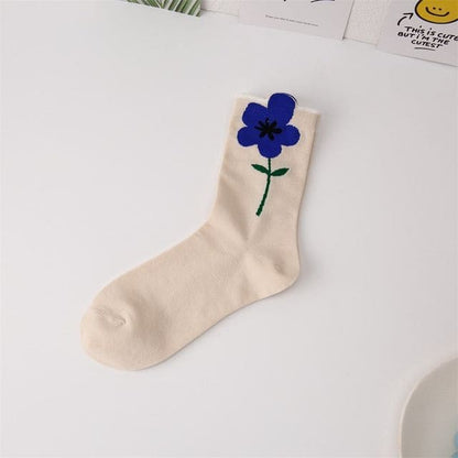 Flower Socks / Set - 1 Pair - Blue Flower - Beige / One Size