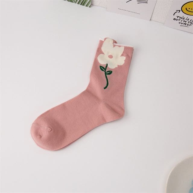 Flower Socks / Set - 1 Pair - Pink / One Size