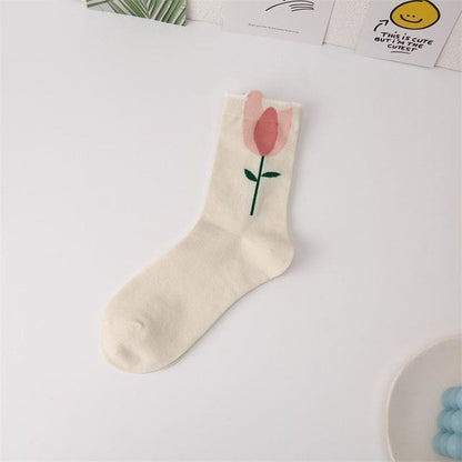 Flower Socks / Set - 1 Pair - Pink Flower - White / One Size