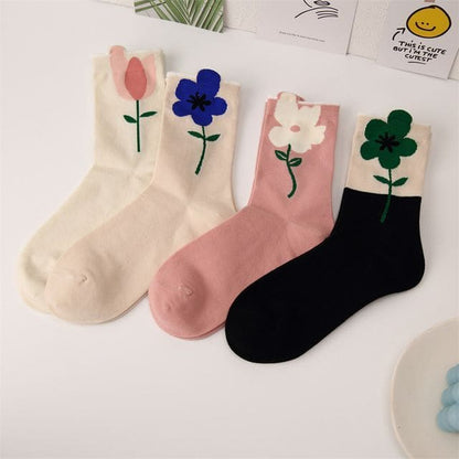 Flower Socks / Set - 2 Pairs - Pink & Blue Flower - Beige