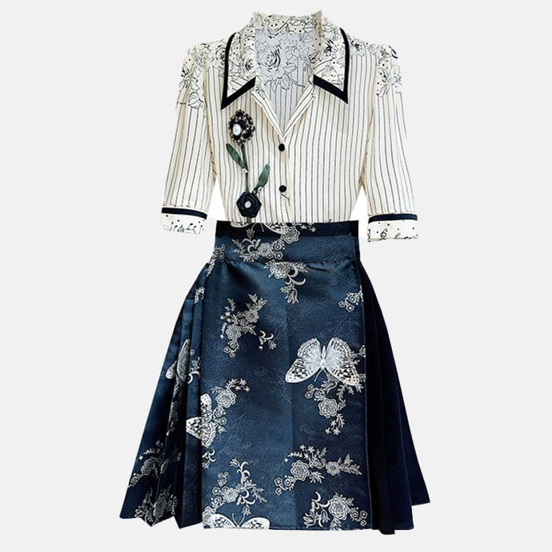 Flower Stripe Shirt Butterfly Print Skirt Set - Set / S